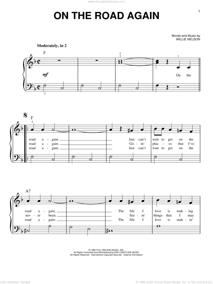 On The Road Again sheet music for piano solo by Willie Nelson, beginner skill level