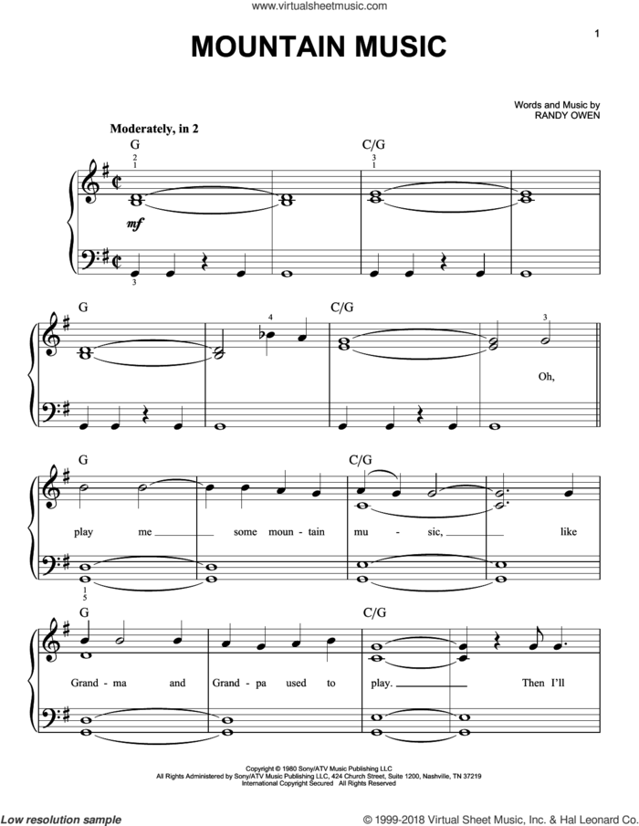 Mountain Music sheet music for piano solo by Alabama and Randy Owen, beginner skill level
