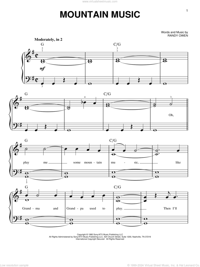 Mountain Music sheet music for piano solo by Alabama and Randy Owen, beginner skill level