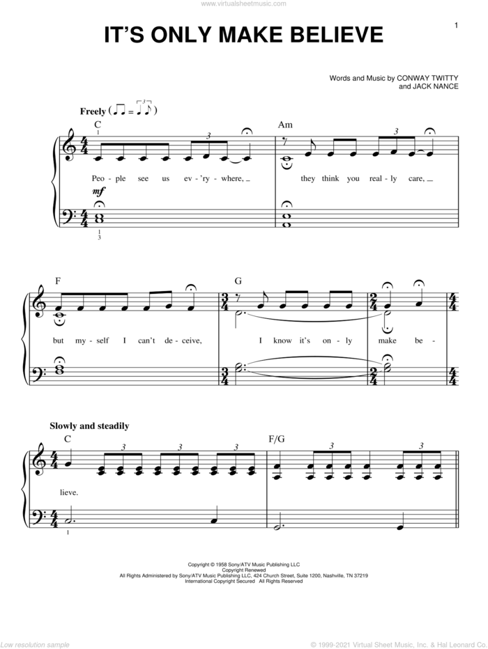 It's Only Make Believe sheet music for piano solo by Conway Twitty, Glen Campbell and Jack Nance, beginner skill level