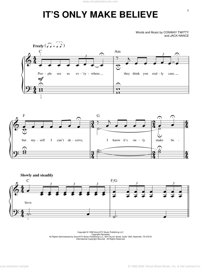 It's Only Make Believe sheet music for piano solo by Conway Twitty, Glen Campbell and Jack Nance, beginner skill level