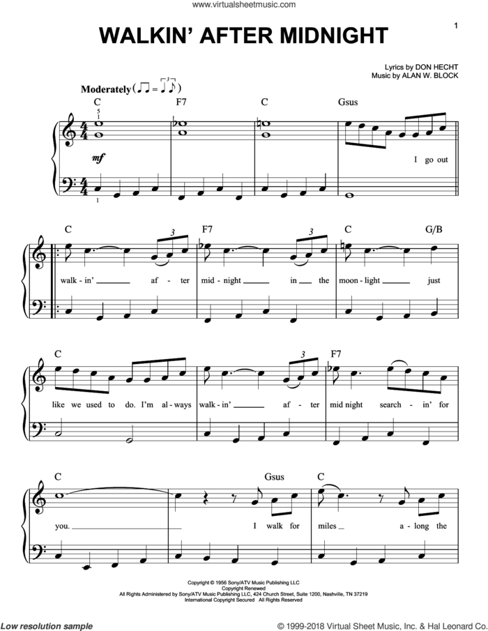 Walkin' After Midnight sheet music for piano solo by Patsy Cline, Alan W. Block and Don Hecht, beginner skill level