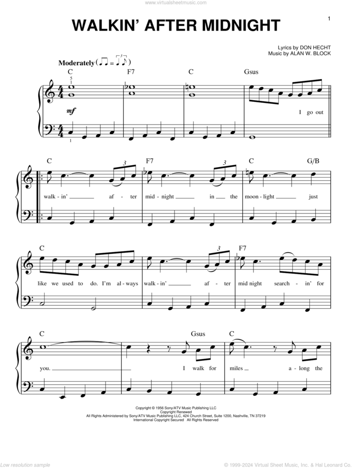 Walkin' After Midnight sheet music for piano solo by Patsy Cline, Alan W. Block and Don Hecht, beginner skill level