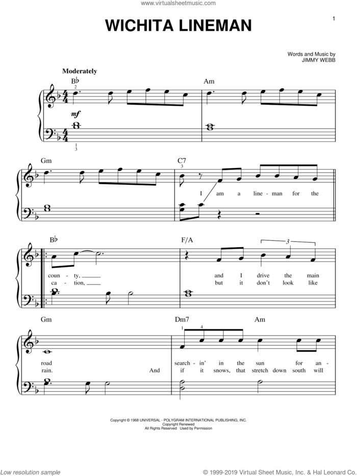 Wichita Lineman, (beginner) sheet music for piano solo by Glen Campbell, Wade Hayes and Jimmy Webb, beginner skill level