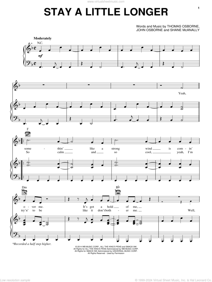 Stay A Little Longer sheet music for voice, piano or guitar by Brothers Osborne, John Osborne, Shane McAnally and Thomas Osborne, intermediate skill level