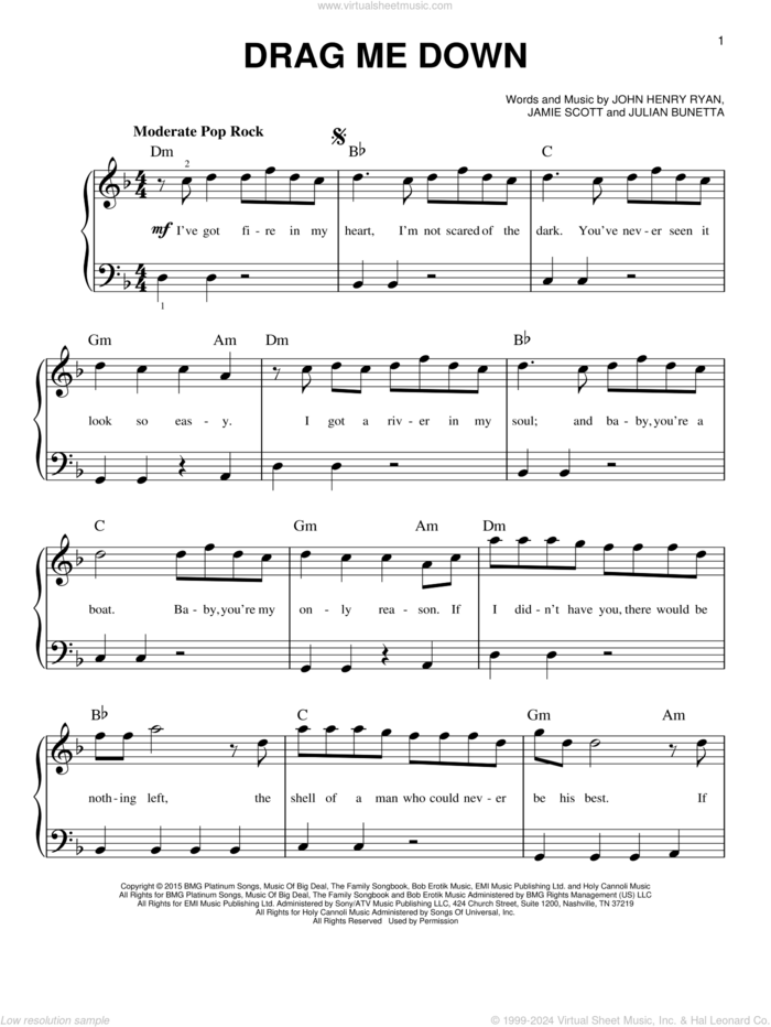 Drag Me Down sheet music for piano solo by One Direction, Jamie Scott, John Henry Ryan and Julian Bunetta, beginner skill level