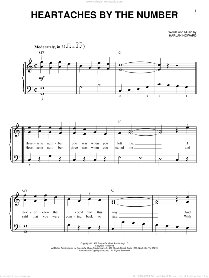 Heartaches By The Number sheet music for piano solo by Ray Price, Guy Mitchell and Harlan Howard, beginner skill level