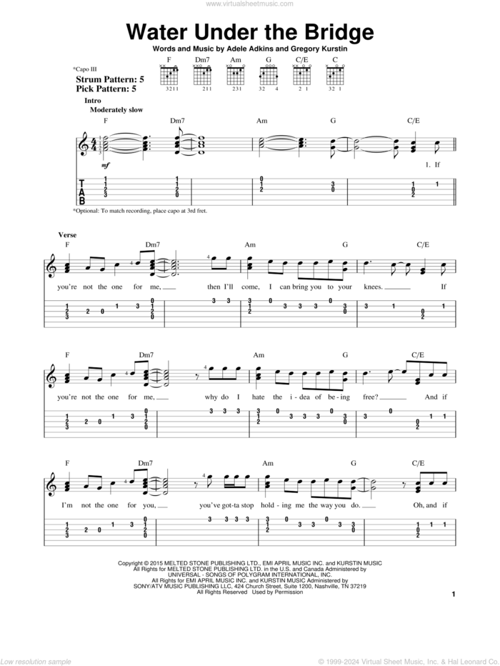 Water Under The Bridge sheet music for guitar solo (easy tablature) by Adele, Adele Adkins and Gregory Kurstin, easy guitar (easy tablature)