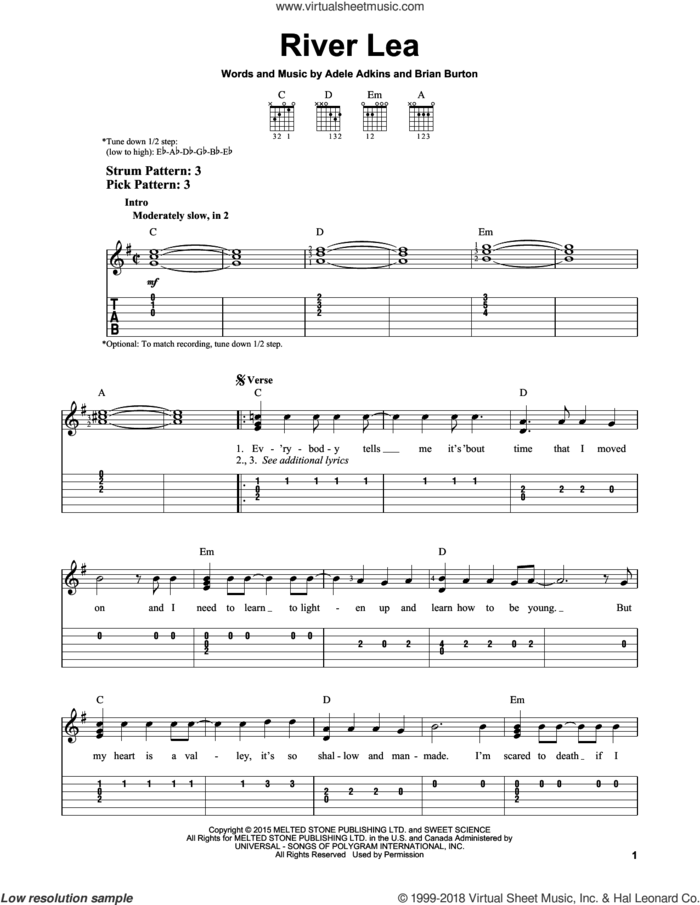 River Lea sheet music for guitar solo (easy tablature) by Adele, Adele Adkins and Brian Burton, easy guitar (easy tablature)