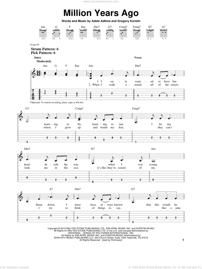 Million Years Ago sheet music for guitar solo (easy tablature) by Adele, Adele Adkins and Gregory Kurstin, easy guitar (easy tablature)