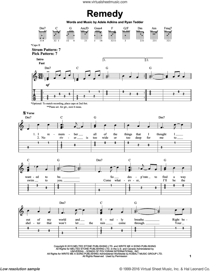 Remedy sheet music for guitar solo (easy tablature) by Adele, Adele Adkins and Ryan Tedder, easy guitar (easy tablature)