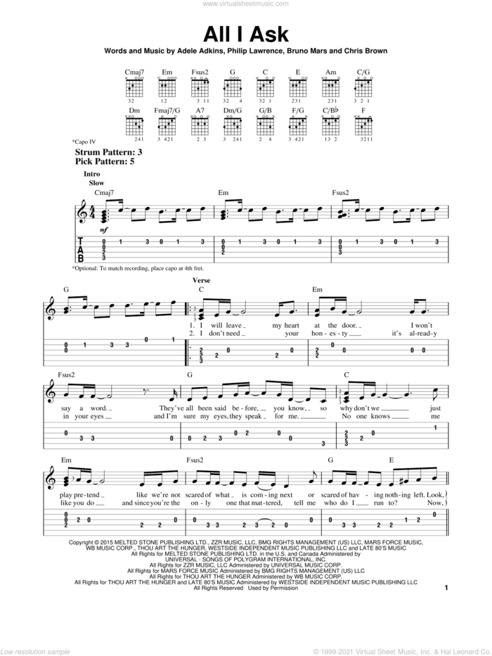 All I Ask sheet music for guitar solo (easy tablature) by Adele, Adele Adkins, Bruno Mars, Chris Brown and Philip Lawrence, easy guitar (easy tablature)