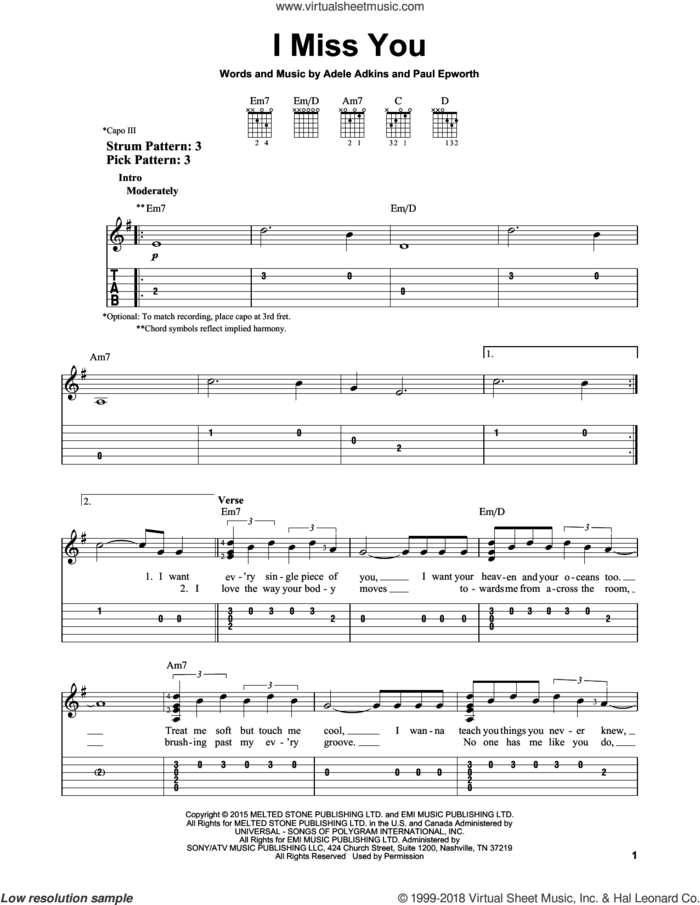 I Miss You sheet music for guitar solo (easy tablature) by Adele, Adele Adkins and Paul Epworth, easy guitar (easy tablature)