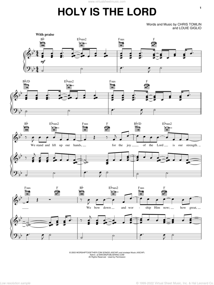 Holy Is The Lord sheet music for voice, piano or guitar by Chris Tomlin, Bethany Dillon and Louie Giglio, intermediate skill level