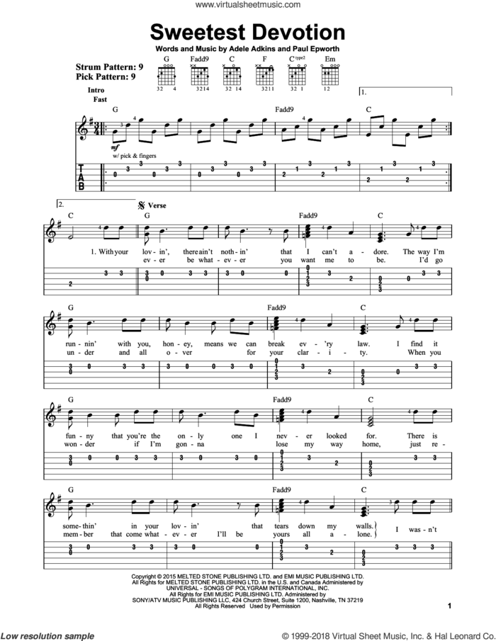 Sweetest Devotion sheet music for guitar solo (easy tablature) by Adele, Adele Adkins and Paul Epworth, easy guitar (easy tablature)