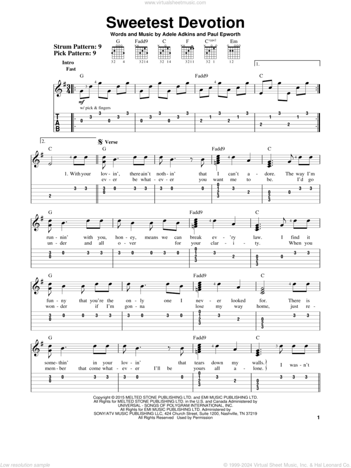 Sweetest Devotion sheet music for guitar solo (easy tablature) by Adele, Adele Adkins and Paul Epworth, easy guitar (easy tablature)