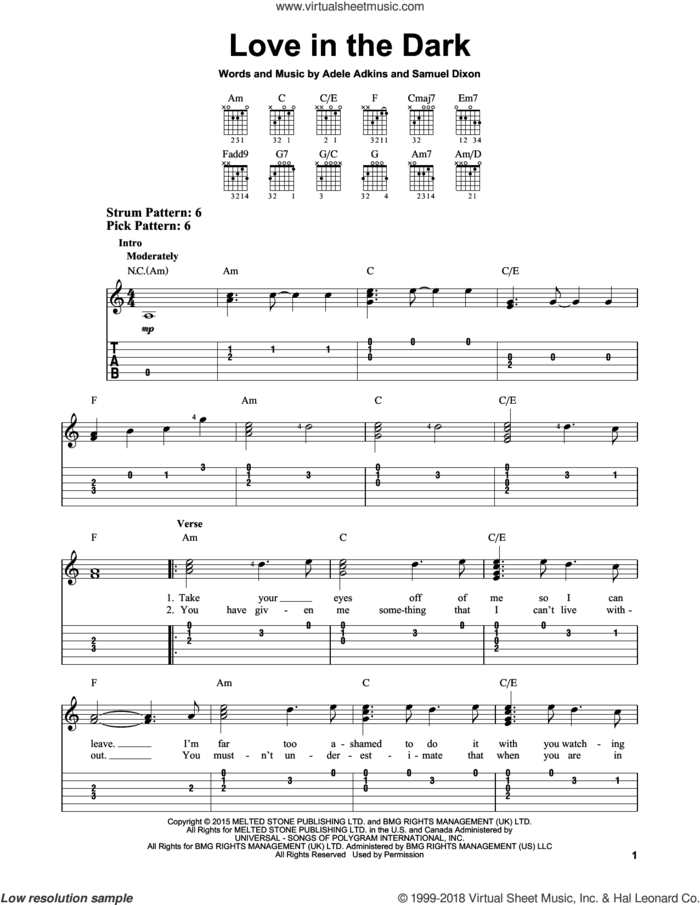 Love In The Dark sheet music for guitar solo (easy tablature) by Adele, Adele Adkins and Samuel Dixon, easy guitar (easy tablature)