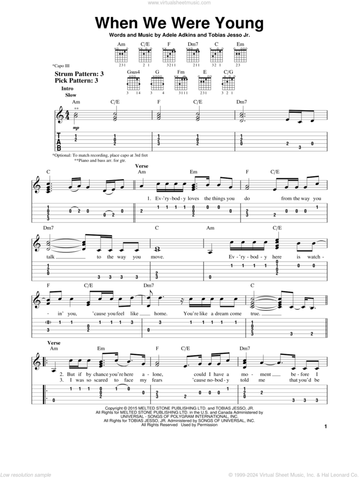 When We Were Young sheet music for guitar solo (easy tablature) by Adele, Adele Adkins and Tobias Jesso Jr., easy guitar (easy tablature)