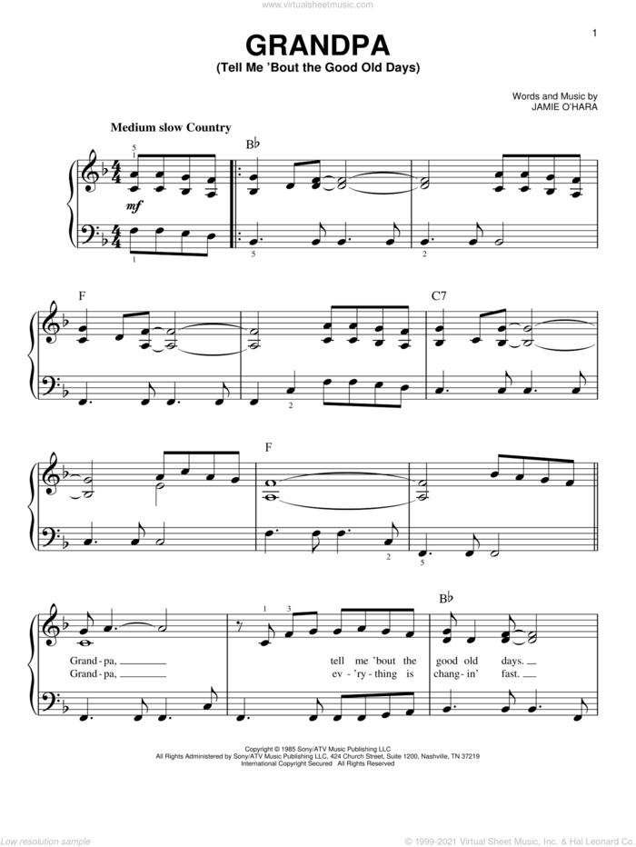 Grandpa (Tell Me 'Bout The Good Old Days) sheet music for piano solo by The Judds, beginner skill level