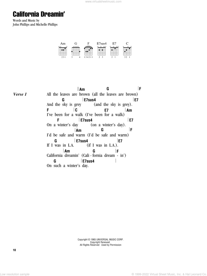 California Dreamin' sheet music for guitar (chords) by Michelle Phillips, The Mamas & The Papas and John Phillips, intermediate skill level