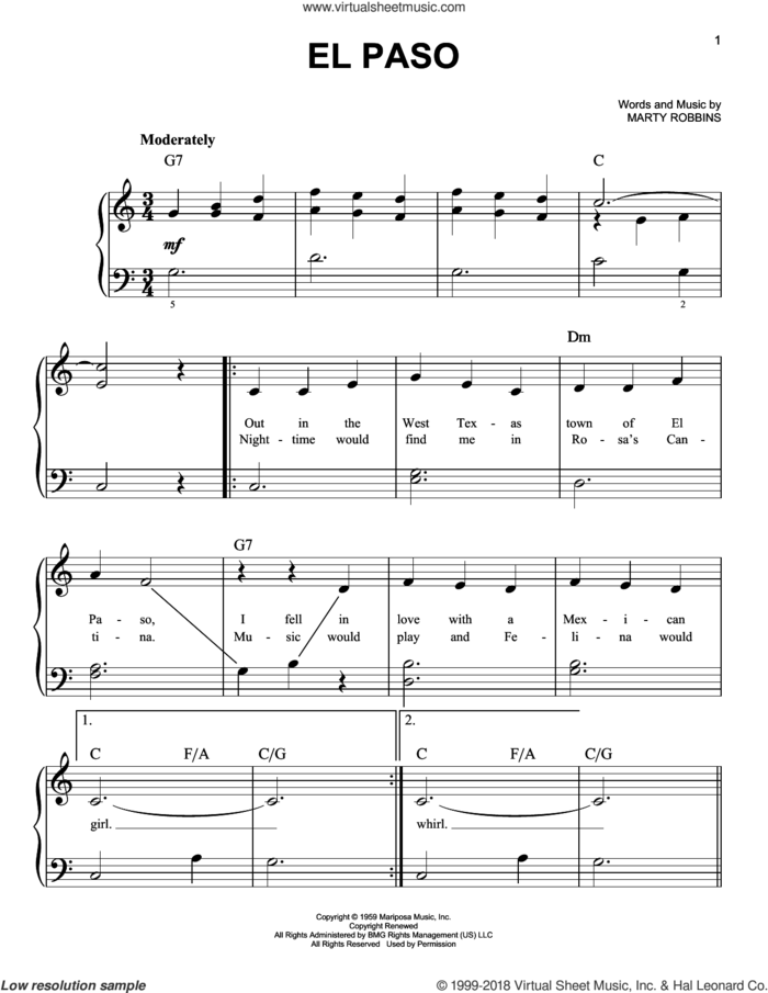 El Paso, (beginner) sheet music for piano solo by Marty Robbins, beginner skill level
