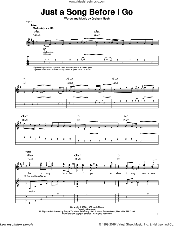 Just A Song Before I Go sheet music for guitar (tablature, play-along) by Crosby, Stills & Nash and Graham Nash, intermediate skill level