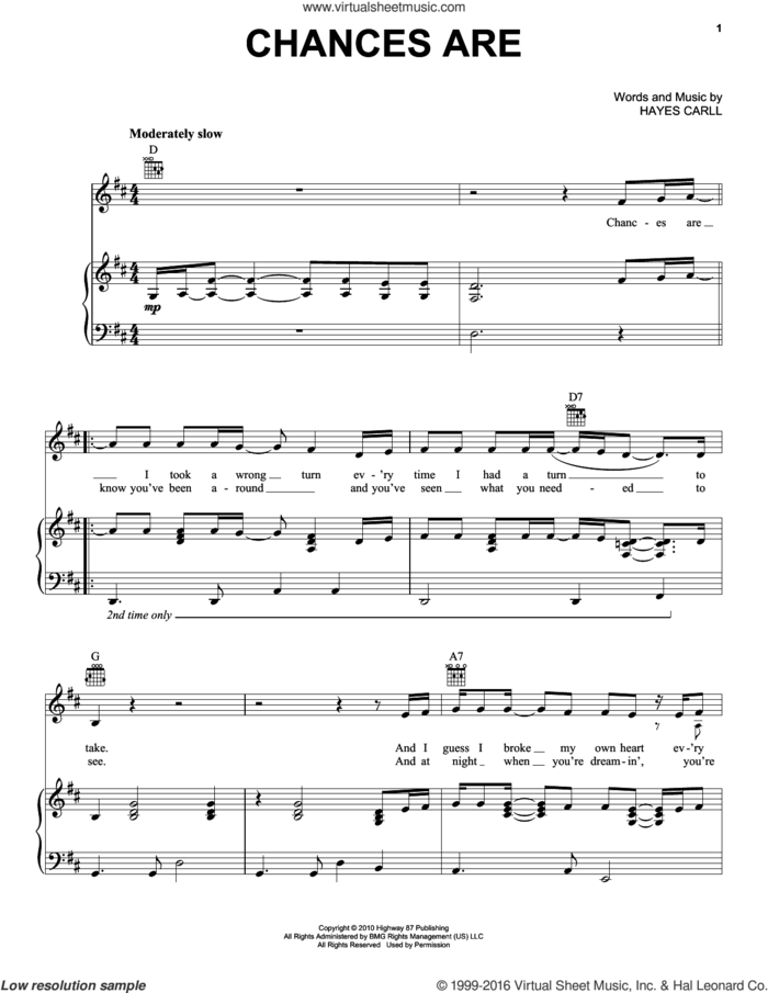 Chances Are sheet music for voice, piano or guitar by Lee Ann Womack and Hayes Carll, intermediate skill level