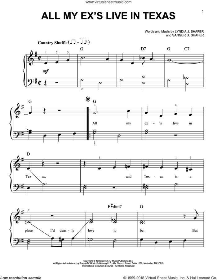 All My Ex's Live In Texas sheet music for piano solo by George Strait, Lyndia J. Shafer and Sanger D. Shafer, beginner skill level