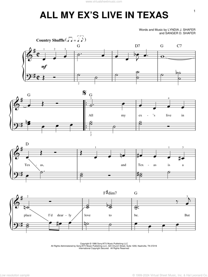 All My Ex's Live In Texas sheet music for piano solo by George Strait, Lyndia J. Shafer and Sanger D. Shafer, beginner skill level