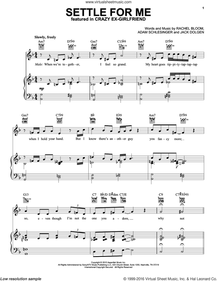Settle For Me sheet music for voice, piano or guitar by Santino Fontana, Santino Fontana and Rachel Bloom, Adam Schlesinger, Jack Dolgen and Rachel Bloom, intermediate skill level