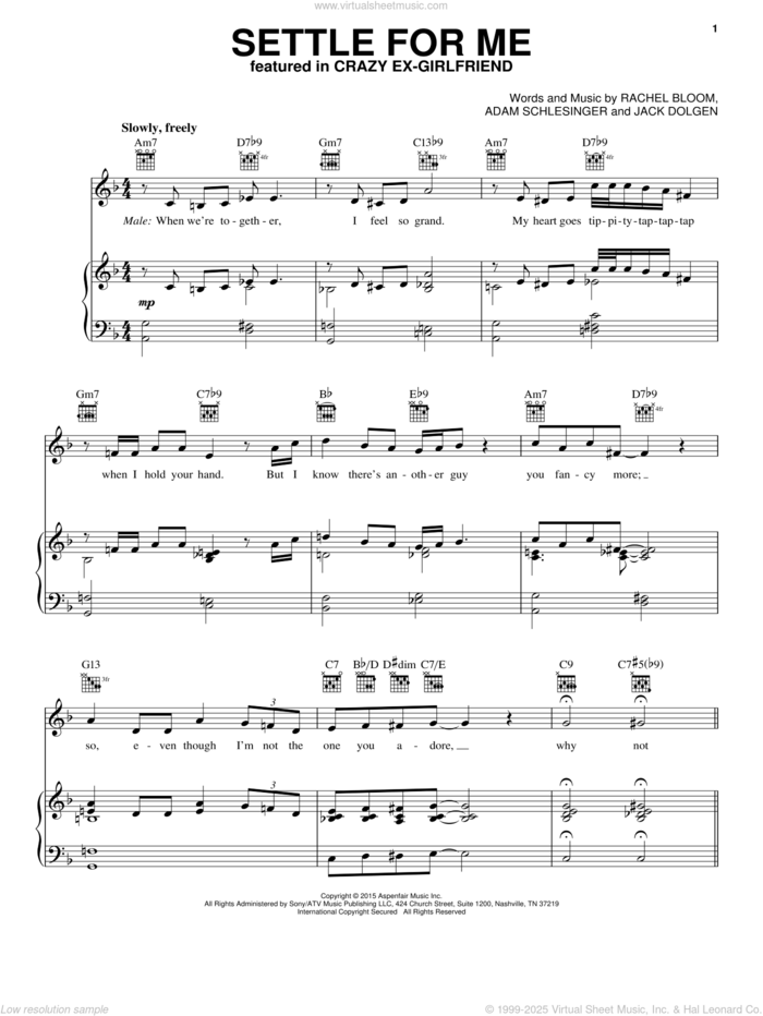 Settle For Me sheet music for voice, piano or guitar by Santino Fontana, Santino Fontana and Rachel Bloom, Adam Schlesinger, Jack Dolgen and Rachel Bloom, intermediate skill level