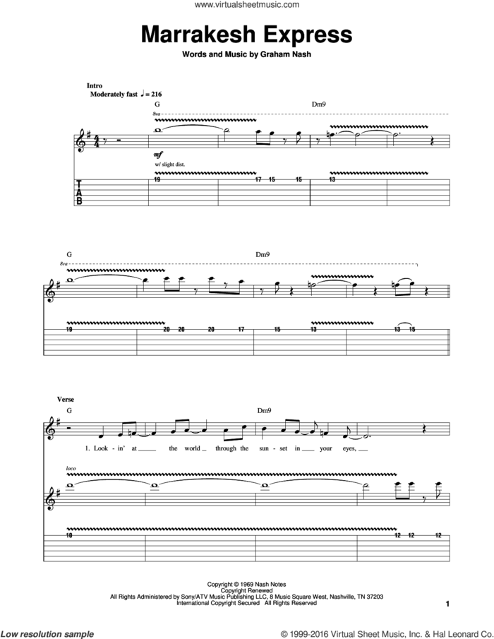 Marrakesh Express sheet music for guitar (tablature, play-along) by Crosby, Stills & Nash and Graham Nash, intermediate skill level