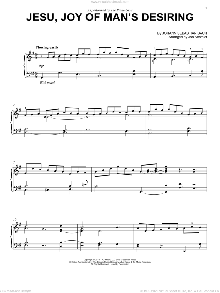 Jesu, Joy Of Man's Desiring sheet music for cello and piano by The Piano Guys, Johann Sebastian Bach and Jon Schmidt, intermediate skill level