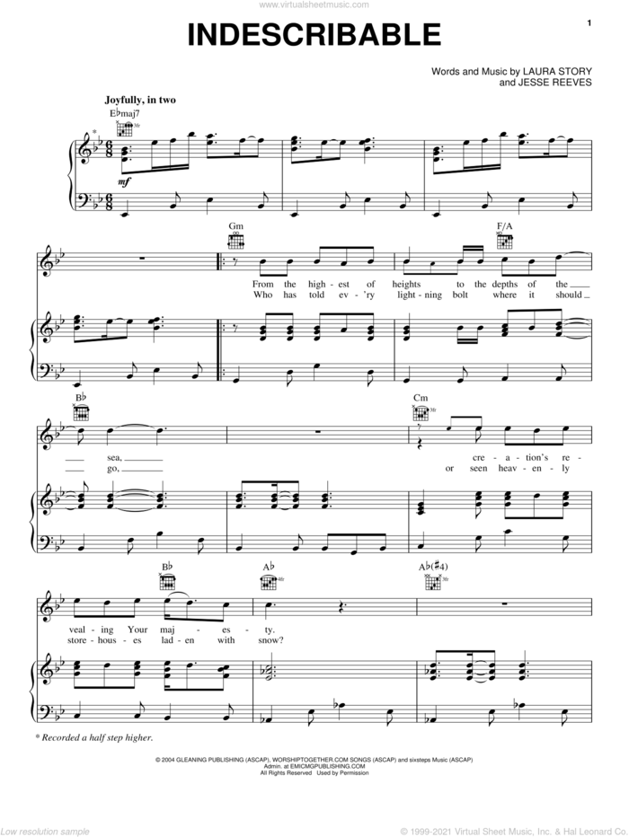 Indescribable sheet music for voice, piano or guitar by Chris Tomlin, Jesse Reeves and Laura Story, intermediate skill level