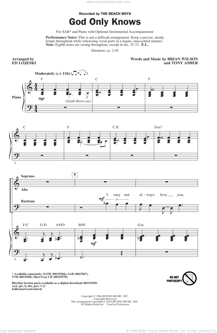 God Only Knows (arr. Ed Lojeski) sheet music for choir (SAB: soprano, alto, bass) by Brian Wilson, Ed Lojeski, The Beach Boys and Tony Asher, intermediate skill level