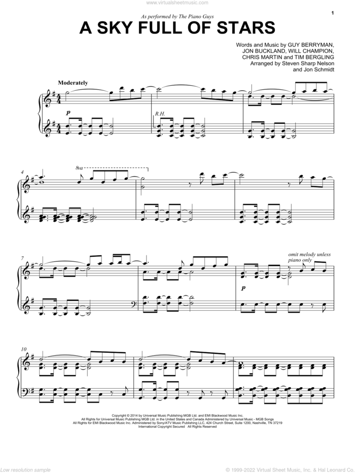 A Sky Full Of Stars sheet music for cello and piano by The Piano Guys, Coldplay, Chris Martin, Guy Berryman, Jon Buckland, Tim Bergling and Will Champion, wedding score, intermediate skill level