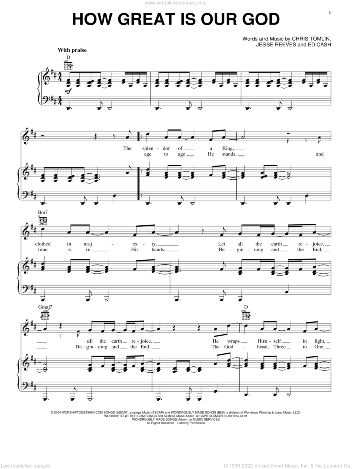 How Great Is Our God sheet music for voice, piano or guitar by Chris Tomlin, Ed Cash and Jesse Reeves, intermediate skill level