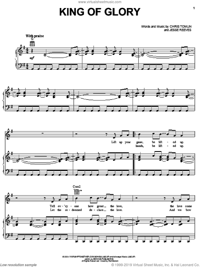 King Of Glory sheet music for voice, piano or guitar by Chris Tomlin and Jesse Reeves, intermediate skill level