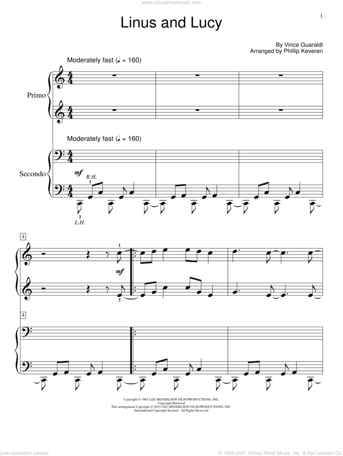 Linus And Lucy (arr. Phillip Keveren) sheet music for piano four hands by Vince Guaraldi and Phillip Keveren, intermediate skill level