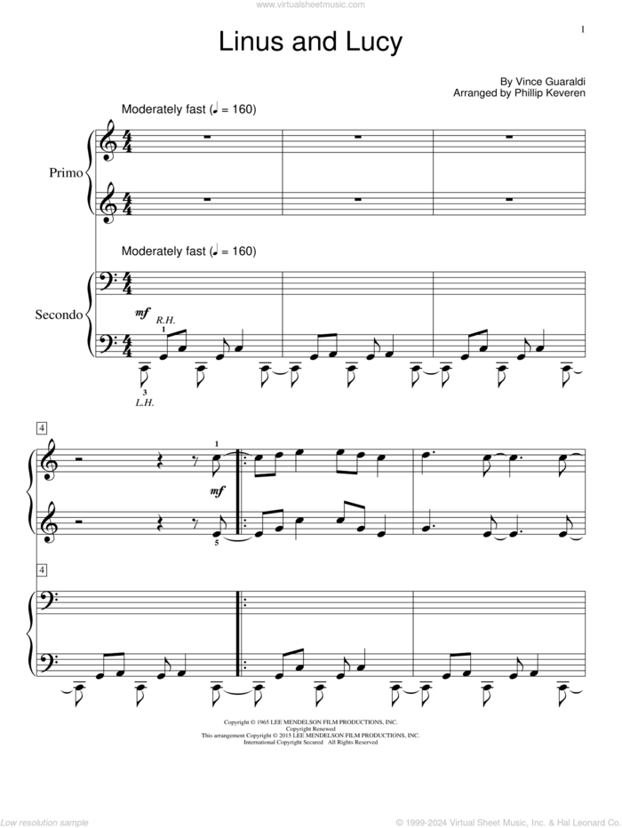 Linus And Lucy (arr. Phillip Keveren) sheet music for piano four hands by Vince Guaraldi and Phillip Keveren, intermediate skill level