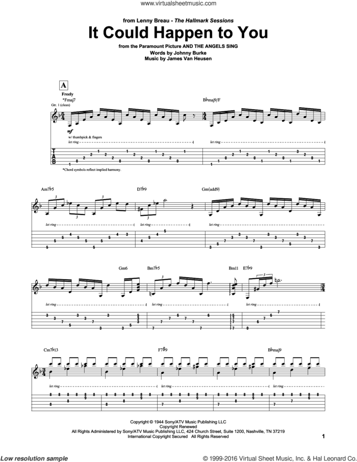 It Could Happen To You sheet music for guitar (tablature) by Lenny Breau, June Christy, Jimmy van Heusen and John Burke, intermediate skill level