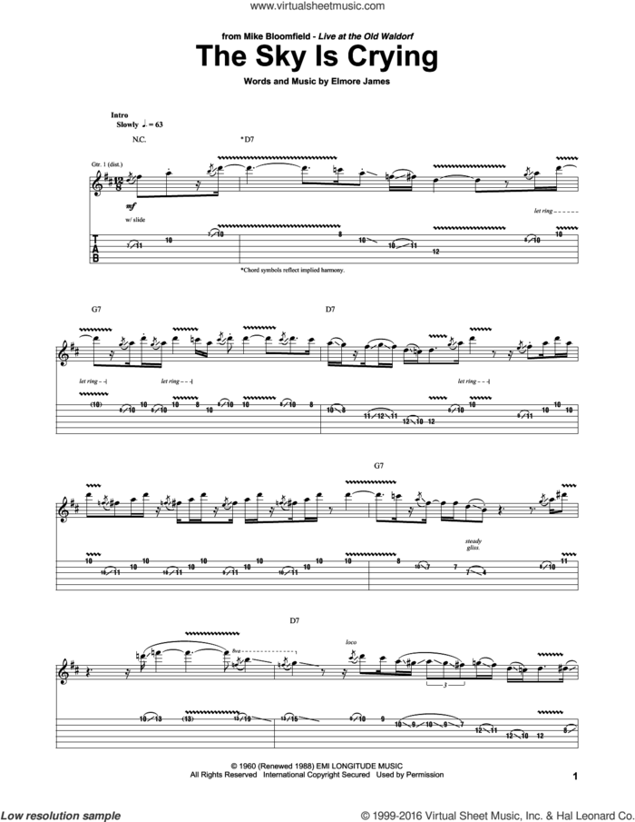 The Sky Is Crying sheet music for guitar (tablature) by Mike Bloomfield, Eric Clapton, Stevie Ray Vaughan and Elmore James, intermediate skill level