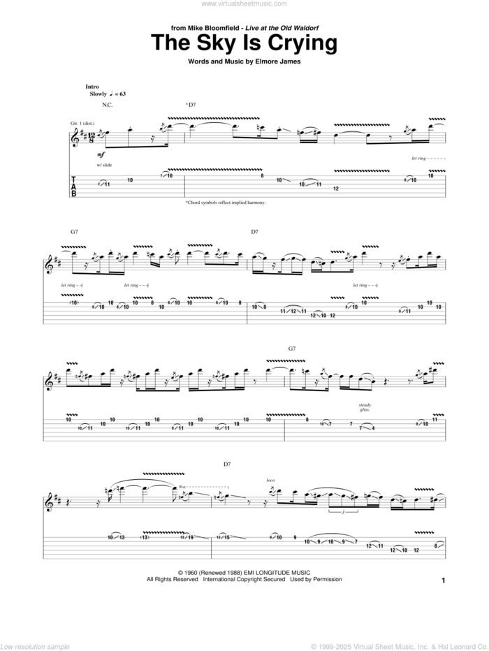 The Sky Is Crying sheet music for guitar (tablature) by Mike Bloomfield, Eric Clapton, Stevie Ray Vaughan and Elmore James, intermediate skill level