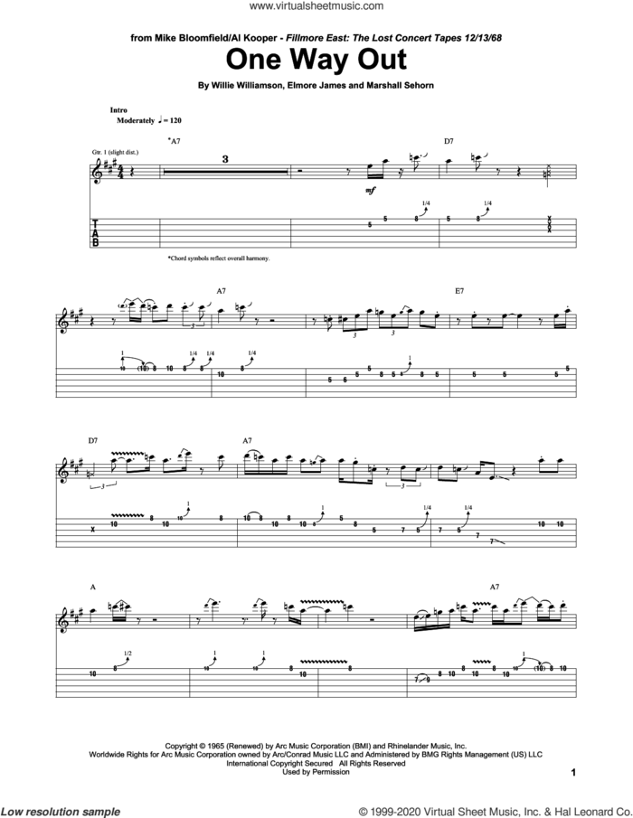 One Way Out sheet music for guitar (tablature) by Elmore James, Allman Brothers, Mike Bloomfield, The Allman Brothers Band, Marshall Sehorn and Willie Williamson, intermediate skill level