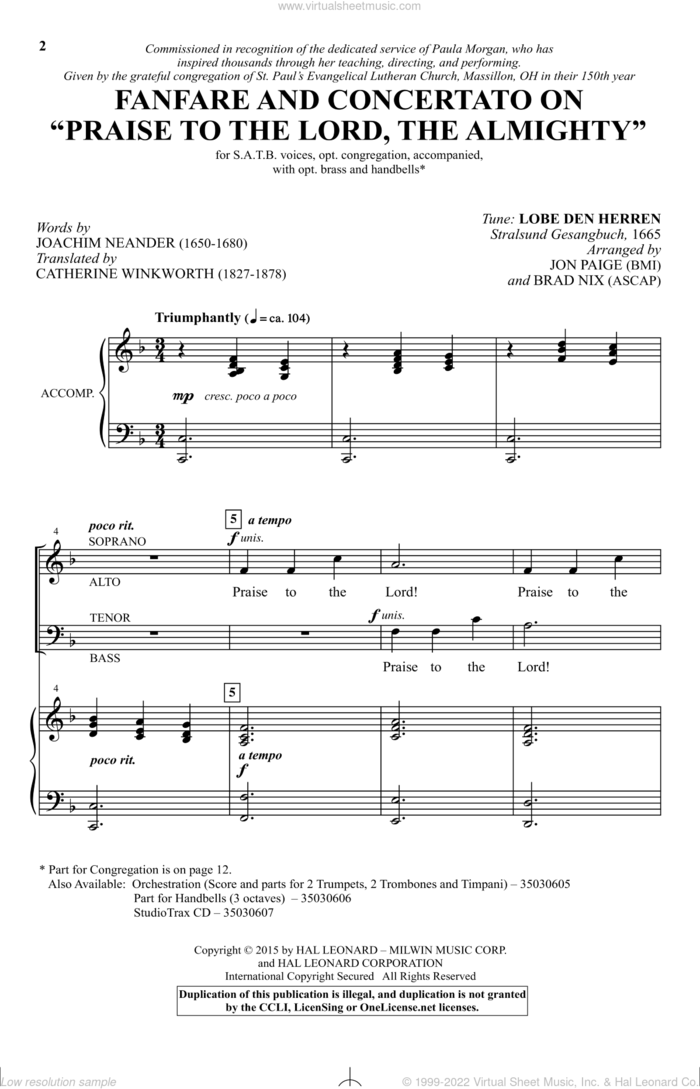 Praise To The Lord, The Almighty sheet music for choir by Catherine Winkworth, Brad Nix, Jon Paige, Erneuerten Gesangbuch and Joachim Neander, intermediate skill level