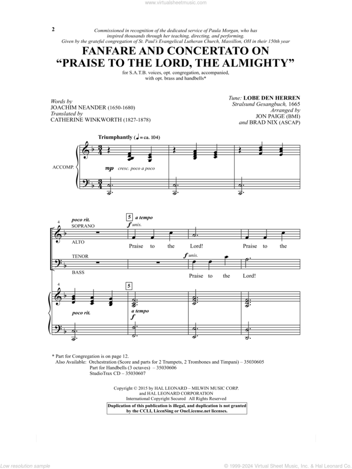 Praise To The Lord, The Almighty sheet music for choir by Catherine Winkworth, Brad Nix, Jon Paige, Erneuerten Gesangbuch and Joachim Neander, intermediate skill level