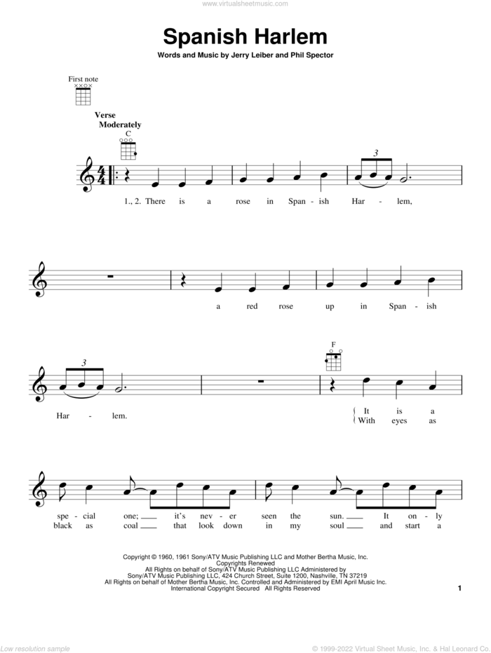 Spanish Harlem sheet music for ukulele by Ben E. King, Aretha Franklin, Jerry Leiber and Phil Spector, intermediate skill level