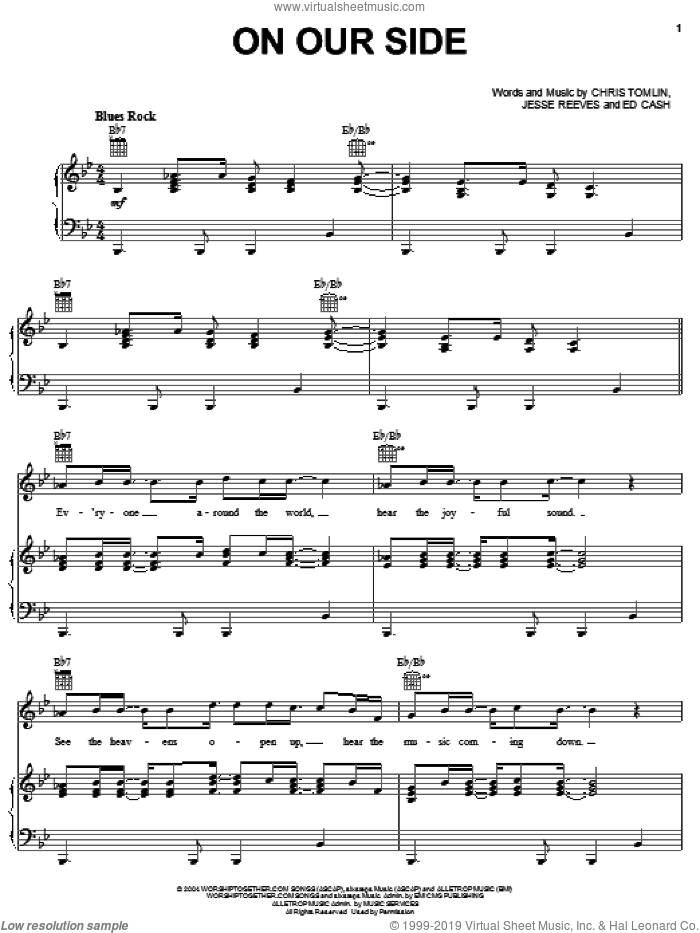 On Our Side sheet music for voice, piano or guitar by Chris Tomlin, Ed Cash and Jesse Reeves, intermediate skill level