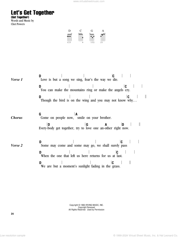 Let's Get Together (Get Together) sheet music for ukulele (chords) by The Youngbloods, big mountain, Indigo Girls and Chet Powers, intermediate skill level