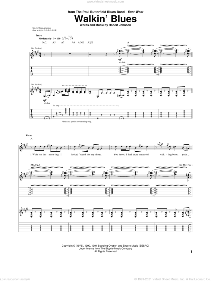 Walkin' Blues sheet music for guitar (tablature) by The Paul Butterfield Blues Band, Mike Bloomfield and Robert Johnson, intermediate skill level